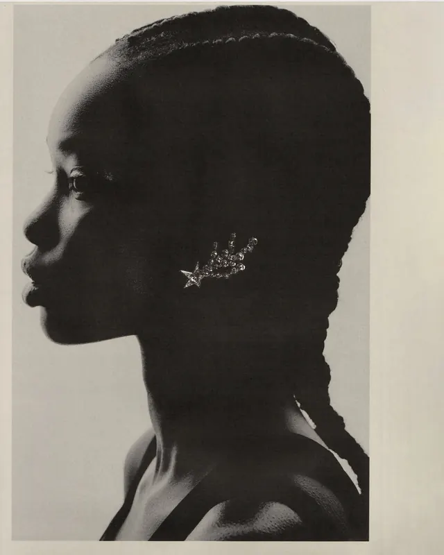 Fashion portrait profile with starburst earring, photographic, minimal, monochrome