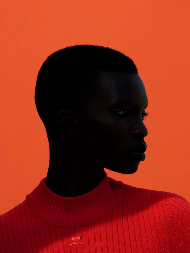 Portrait silhouette in red and dark tones, photographic, dark-mode, vibrant