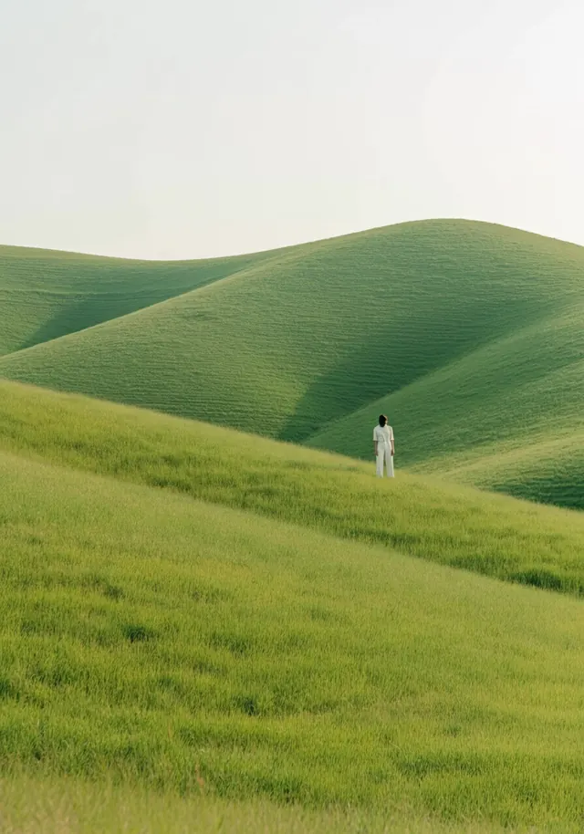 Solitary figure on rolling verdant hills, photographic, minimal, earthy