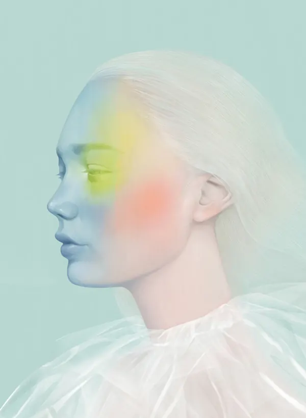Soft-focus portrait with ethereal color overlays, minimal, light-mode, light