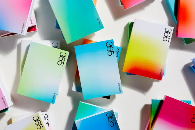 Vibrant gradient product cards scattered layout, gradient-heavy, playful, vibrant
