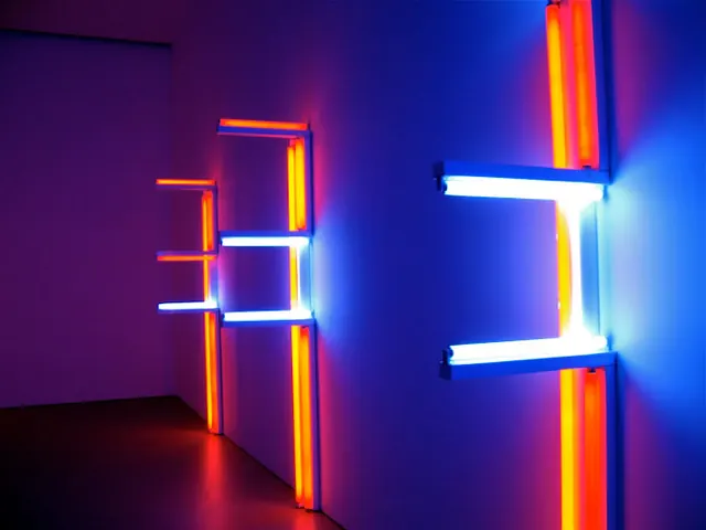 Dan Flavin neon light installation, technical, geometric, vibrant