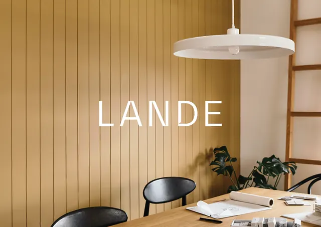 LANDE office interior signage, minimal, corporate-clean, warm