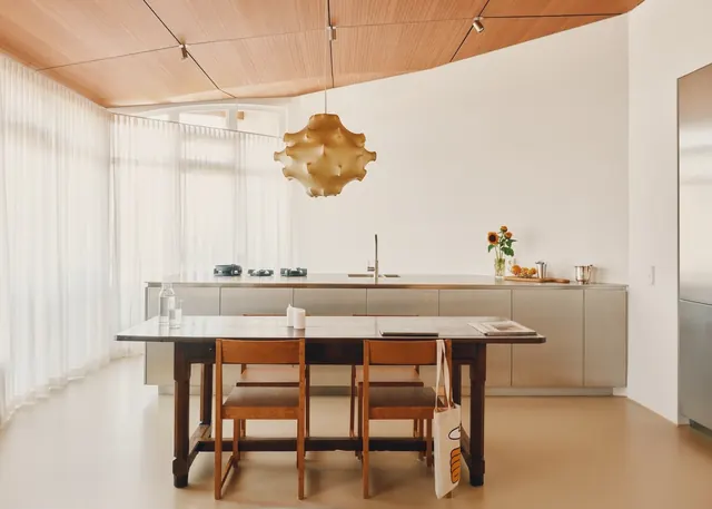 Minimalist penthouse kitchen with wood ceiling, minimal, light-mode, light