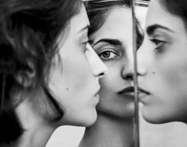 Three faces split-frame portrait, photographic, minimalist, monochrome