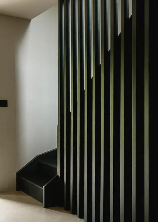 Minimalist interior with vertical slats, minimal, technical, dark