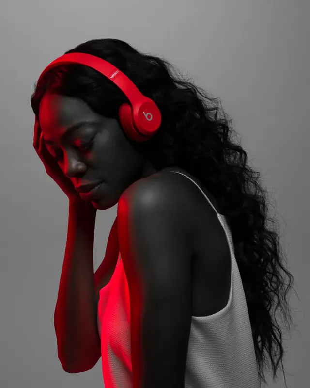 Beats by Dre red lighting campaign, photographic, dark-mode, dark