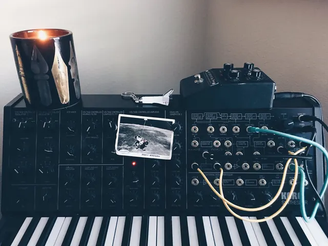 Vintage synthesizer and music setup, photographic, dark-mode, dark