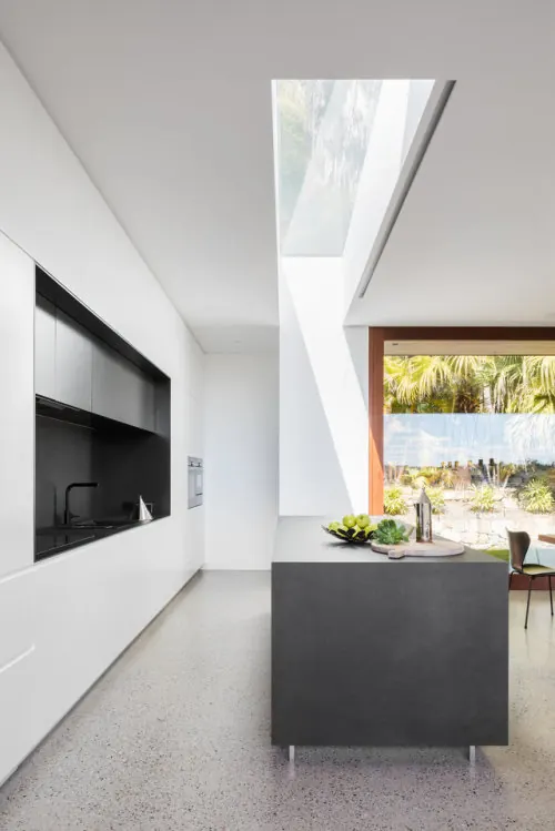 Minimalist kitchen interior with skylight, minimal, corporate-clean, light