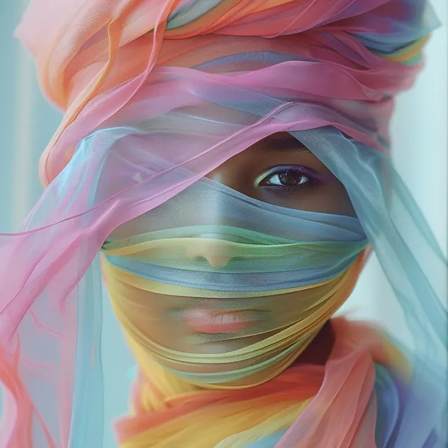 Colorful fabric-wrapped fashion portrait, editorial, photographic, vibrant