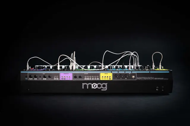 Moog Matriarch rear panel product photo, technical, minimal, dark