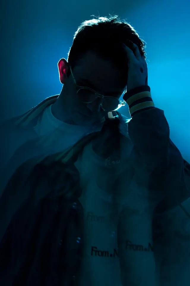 Blue Rim-Light Double Exposure Portrait, editorial, photographic, dark