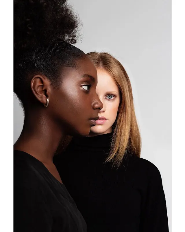 Layered dual-model beauty portrait, editorial, minimal, light