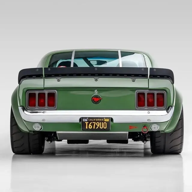 Olive Mustang fastback rear, photographic, technical, muted