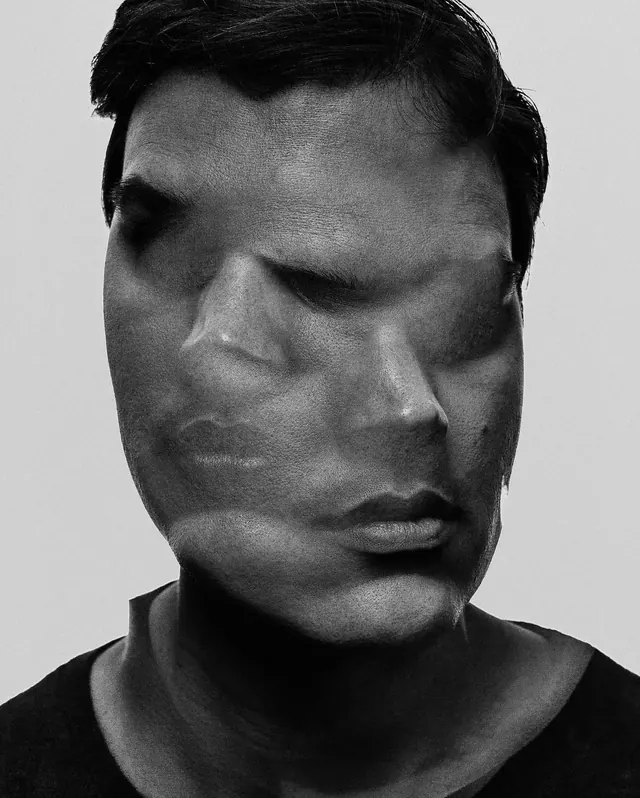 Double-exposure face portrait, photographic, abstract, monochrome