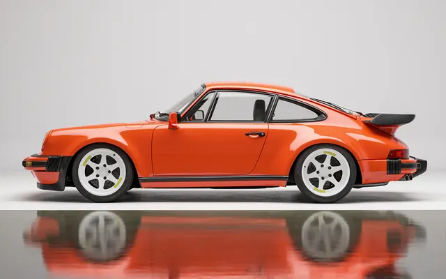 Orange Porsche 911 profile, minimal, photographic, vibrant