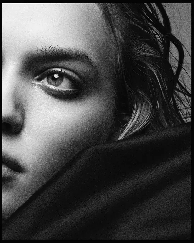 Monochrome eye close-up, editorial, photographic, monochrome
