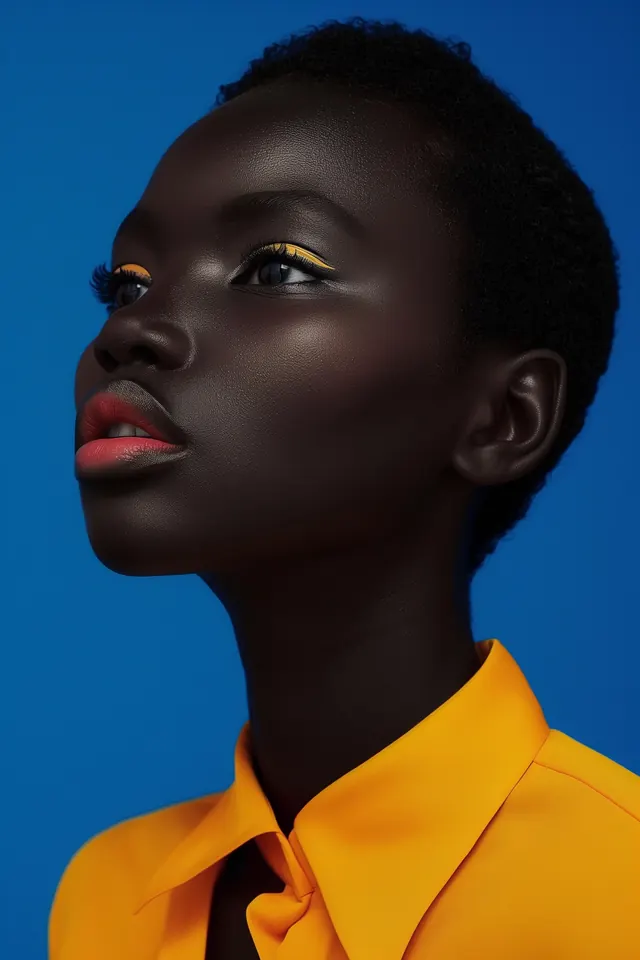 Yellow liner on blue portrait, editorial, minimal, vibrant