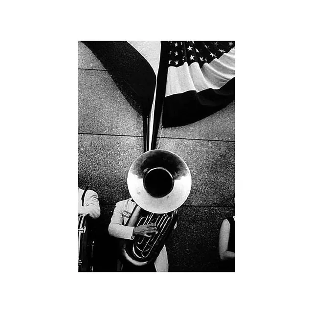 Tuba player before American flag, photographic, monochrome, monochrome