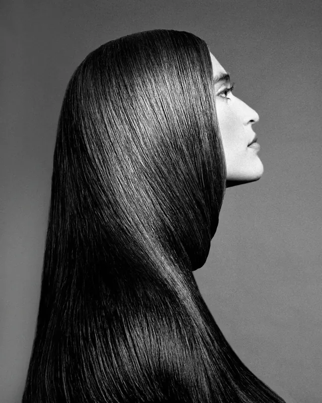 Hair-wrap sculptural fashion portrait, editorial, photographic, monochrome