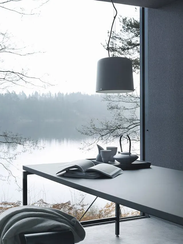 Foggy lake tea table interior, minimal, photographic, muted