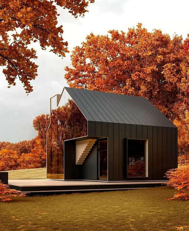 Mirror and metal cabin in autumn woods, minimal, photographic, warm