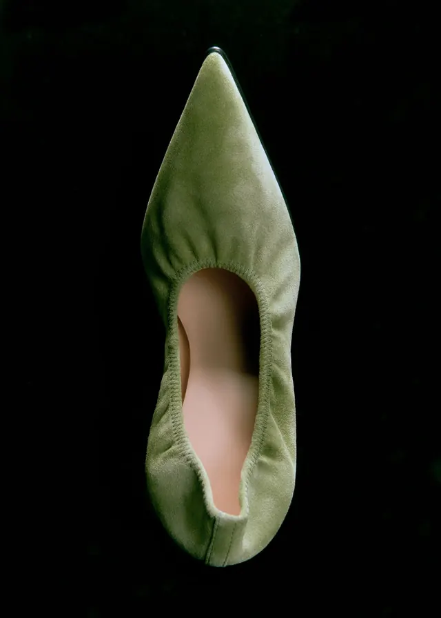 Olive pointed flat shoe top-down, minimal, luxury, dark