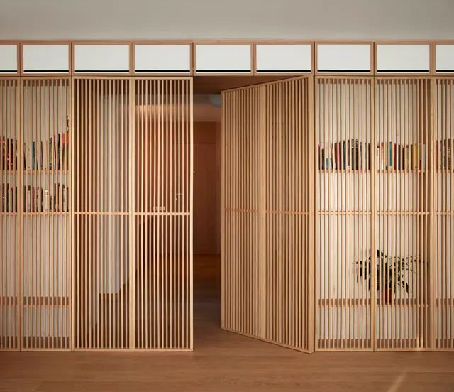Slatted wood interior partition doors, minimal, organic, light