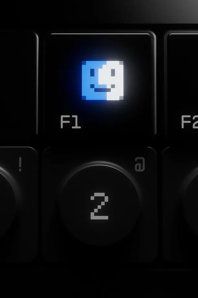 Glowing pixel face on matte keyboard, dark-mode, minimal, dark