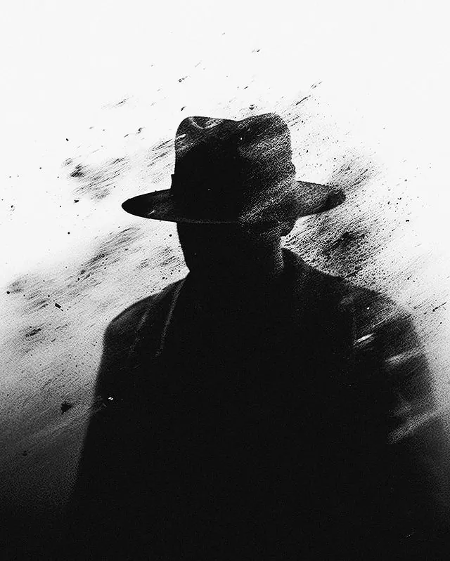 Grainy fedora silhouette in high contrast, monochrome, photographic, monochrome