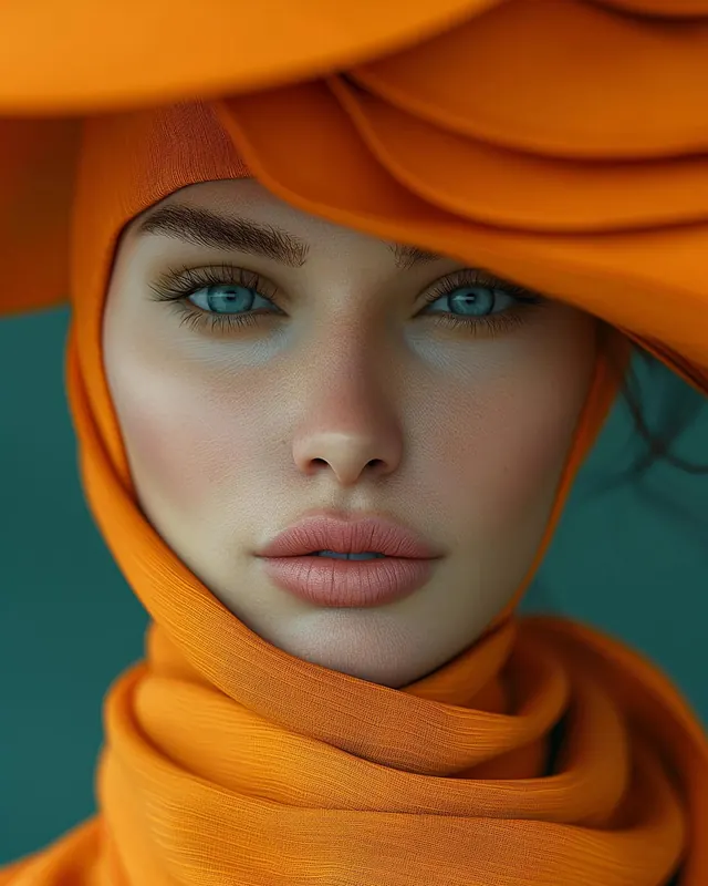 Orange sculptural headwrap beauty portrait, editorial, minimal, vibrant