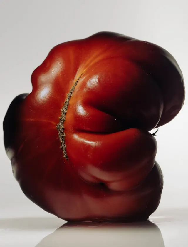 Heirloom tomato studio still life, photographic, minimal, warm