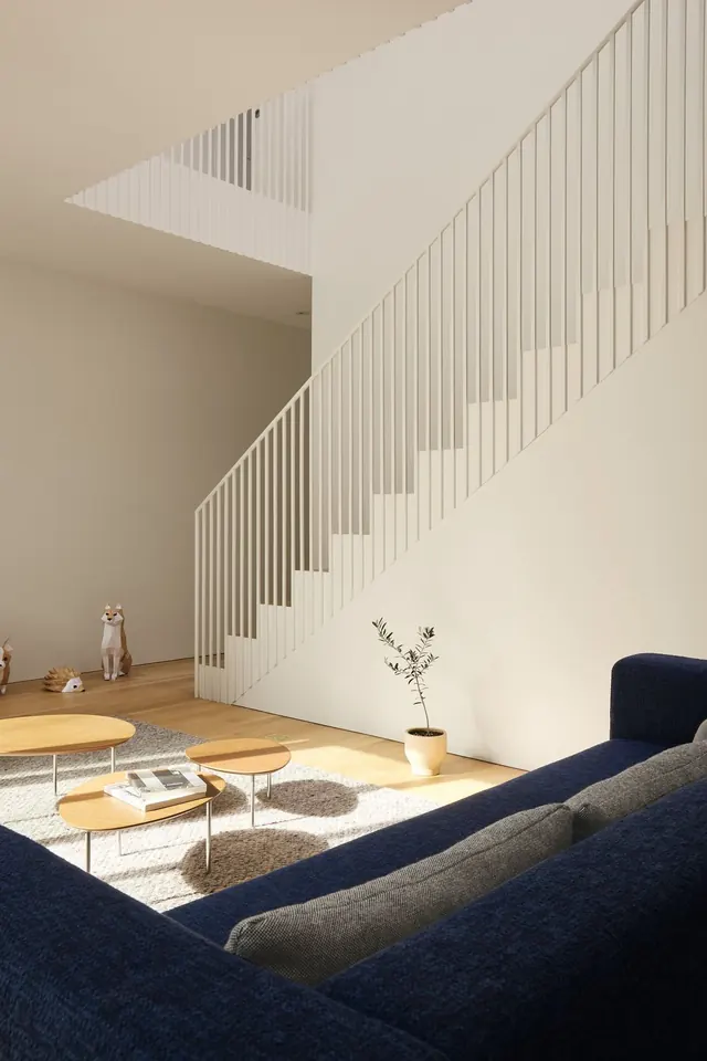 Minimal living room with open stair, minimal, organic, light