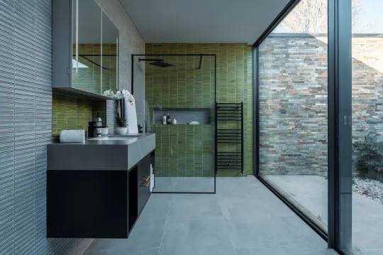 Modern bathroom with courtyard window, minimal, organic, muted