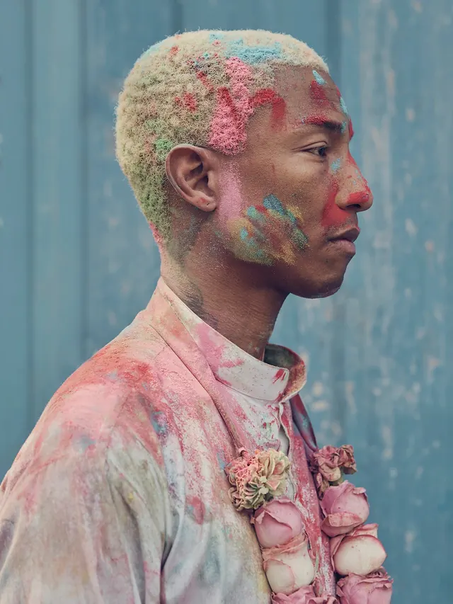 Pharrell Holi powder portrait profile, photographic, editorial, muted