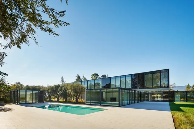 Oz House glass pavilion and pool, minimal, photographic, light