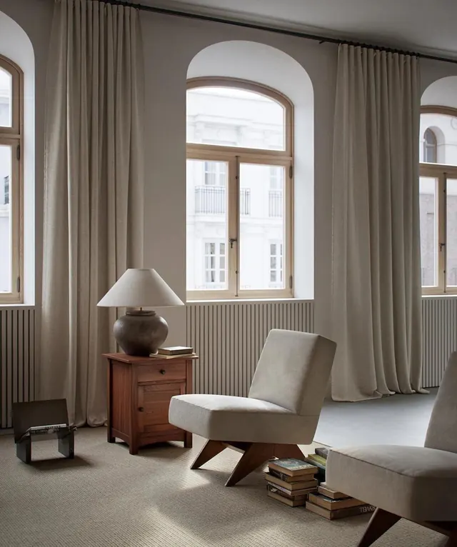 Classical interior with arched windows and drapes, luxury, editorial, light