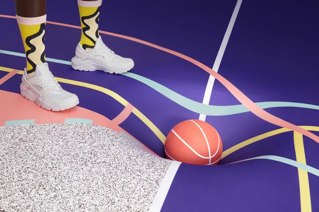 Playful sports composition with geometric elements, playful, colorful, vibrant