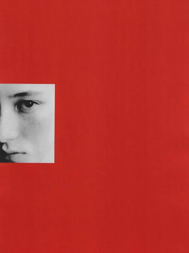 Minimalist editorial portrait on red, minimal, photographic, high-contrast