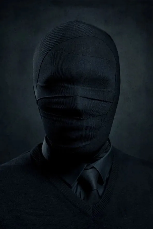 Hooded figure in dark knit portraiture, photographic, surreal, dark