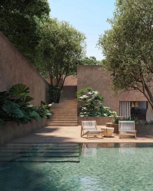 Modern courtyard with pool and greenery, photographic, minimal, warm