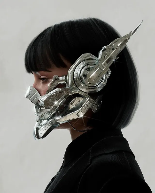 Futuristic character portrait with mechanical mask, photographic, 3d-render, dark