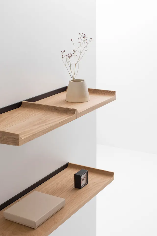 Minimalist wooden shelf display, photographic, minimal, light