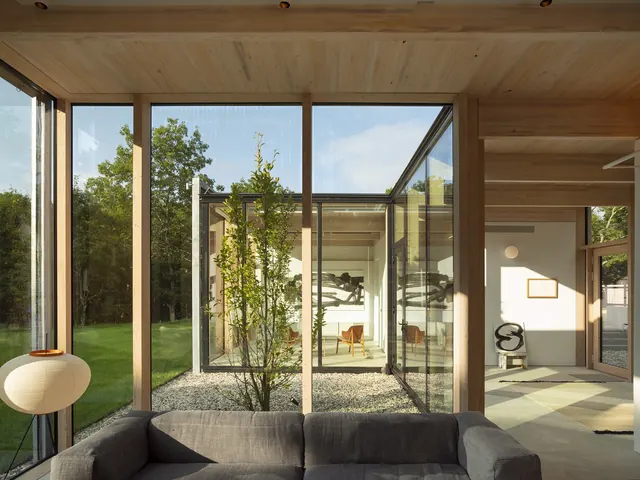 Modern interior with large windows, photographic, minimal, light