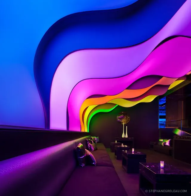 Rainbow Ribbon Ceiling in a Lounge Interior, photographic, organic, vibrant