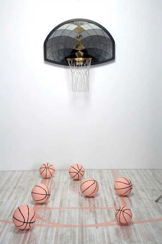 Luxury crystal basketball hoop installation with gem details, luxury, 3d-render, warm