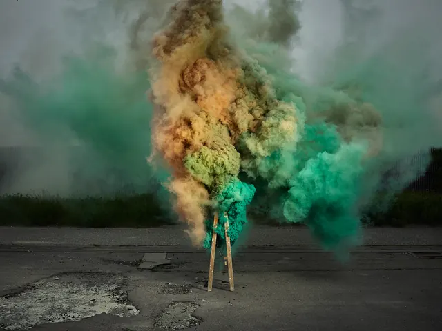 Colorful powder explosion with teal and gold pigment, photographic, editorial, vibrant
