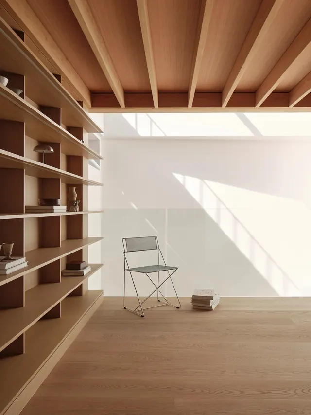 Minimalist wooden library interior with natural light, minimal, architectural, warm