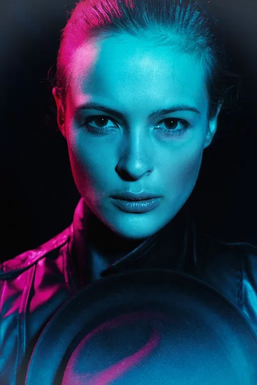 Dual-tone portrait with magenta and cyan lighting, photographic, editorial, vibrant