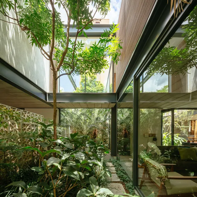 Verdant courtyard interior with planted vegetation, photographic, organic, earthy